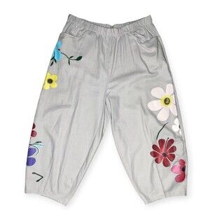 Harem Baggy Drop Crotch Wide Pants Women XL Gray Floral Loose Casual Trousers